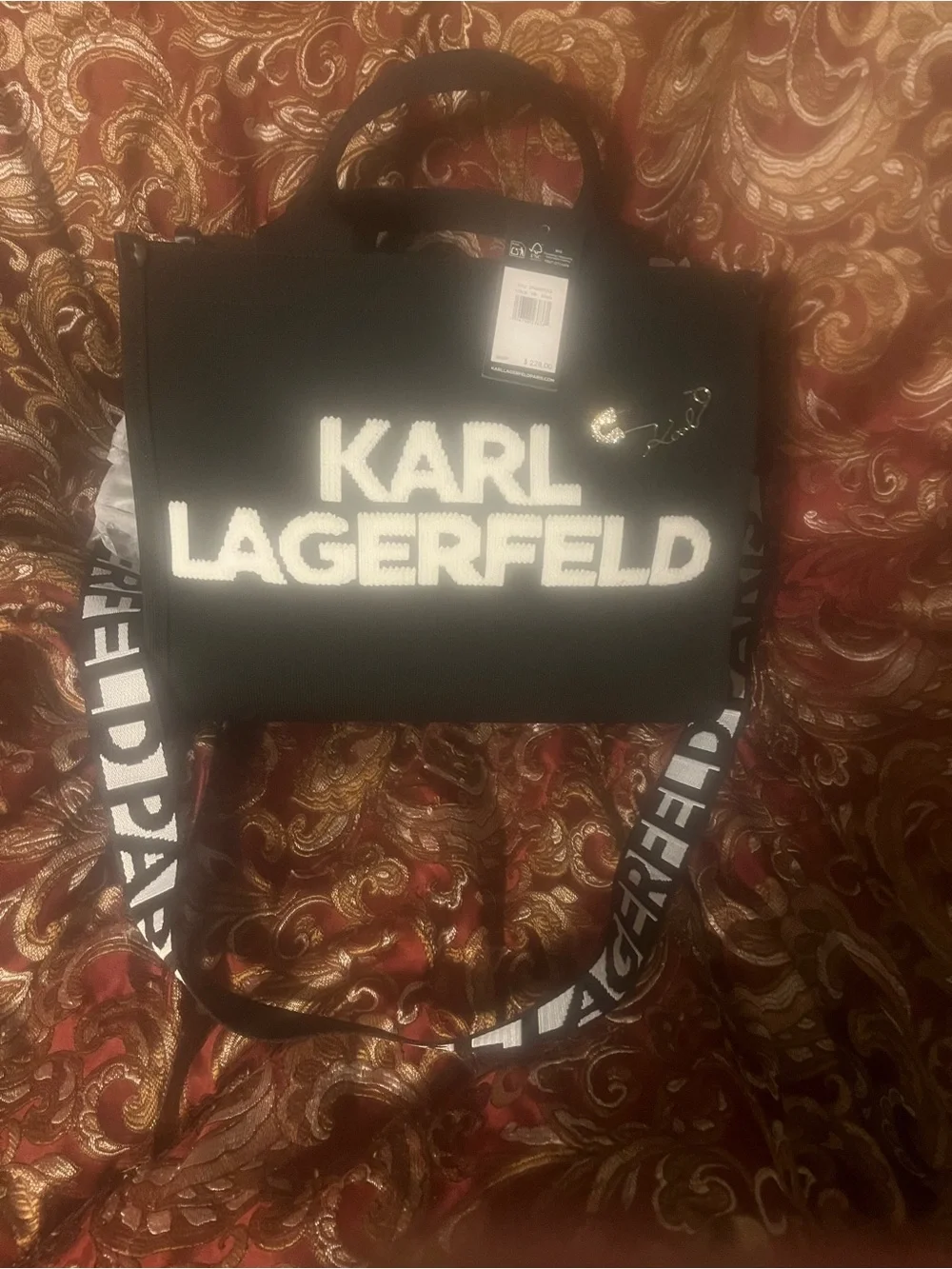 Karl Lagerfeld Black Tote with White Logo and Branded Strap